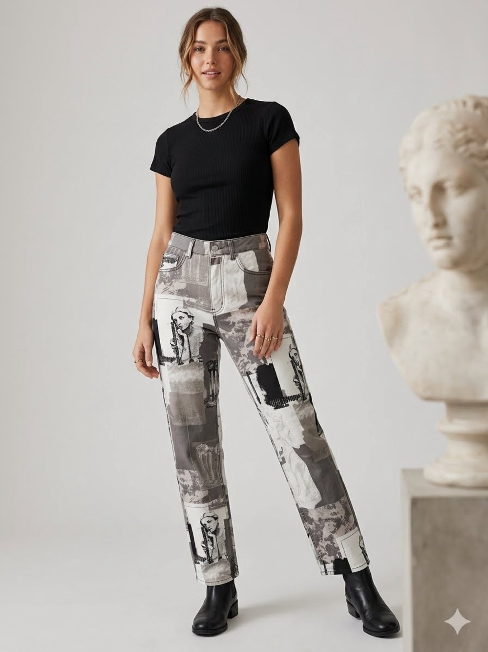 Urban Outfitters BDG Cowboy Jeans with Renaissance-inspired statue graphic